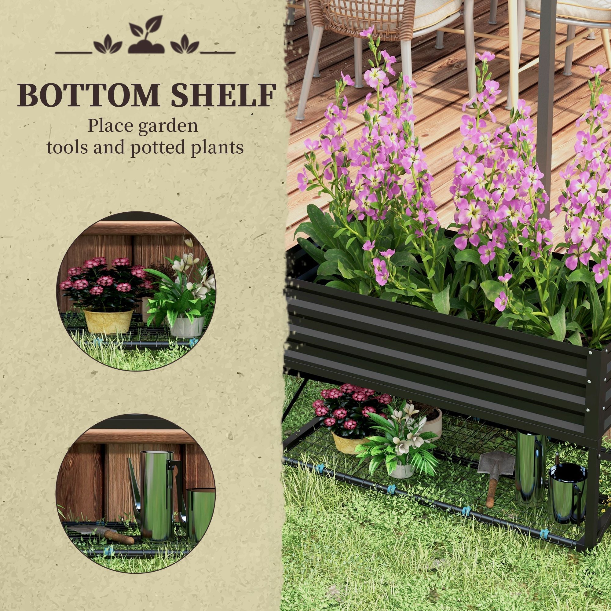 Black Galvanized Raised Garden Bed Highlighting Bottom Shelf