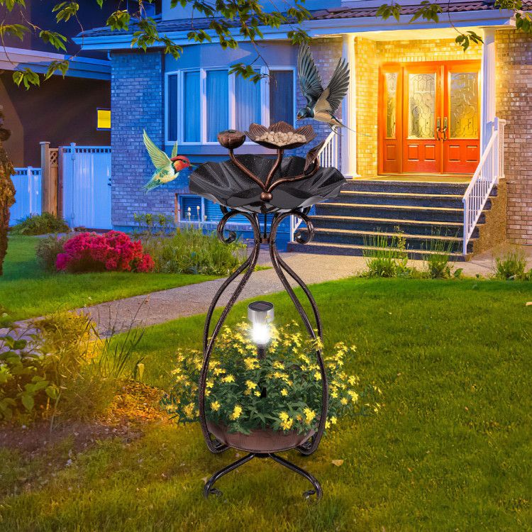 Garden Bird Bath & Feeder Combo with Solar Light Planter In Garden At Night