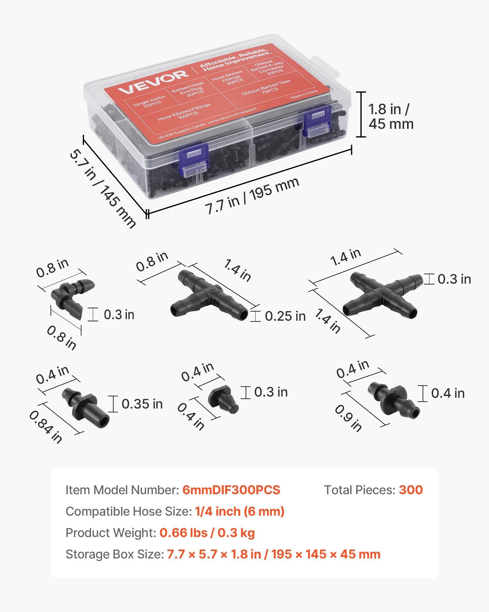 Complete 300Pcs Drip Irrigation Parts Set Parts Dimensions and Parts Box Dimensions