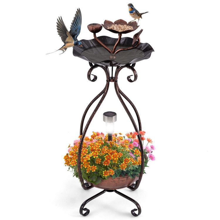 Garden Bird Bath & Feeder Combo with Solar Light Planter