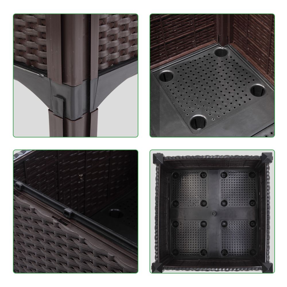 Brown Rectangle Elevated Planters View Of Leg Joints & Drainage