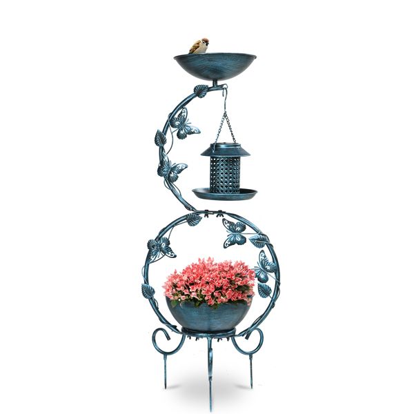 Bird Bath with Solar Bird Feeder and Planter Pedestal With Pink Flowers