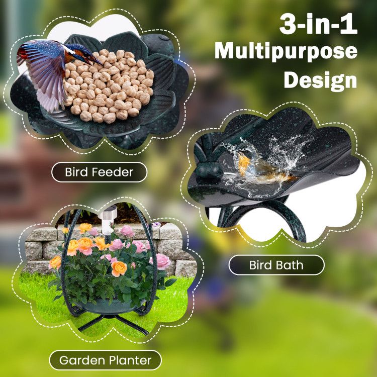 Garden Bird Bath & Feeder Combo with Solar Light Planter Features