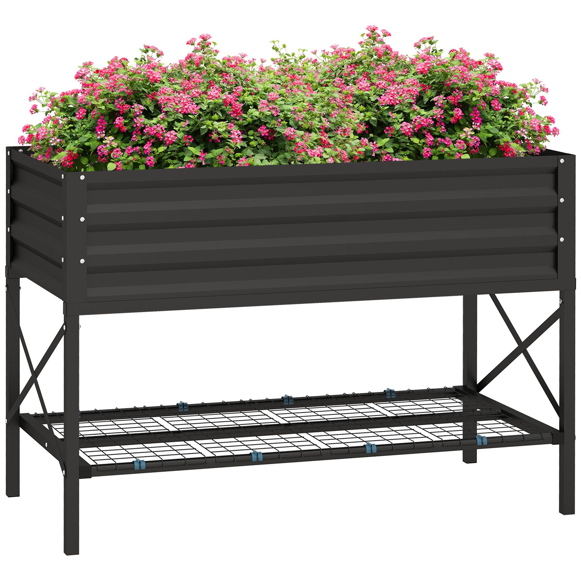 Black Galvanized Raised Garden Bed With Pink Flowers