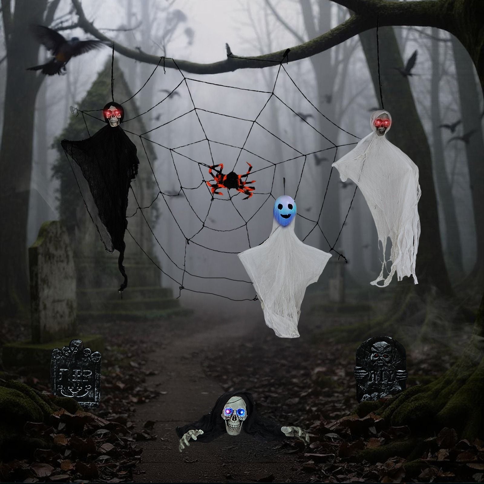 Halloween Decoration Set with Ghosts, Skeletons, Gravestones and Web Scene