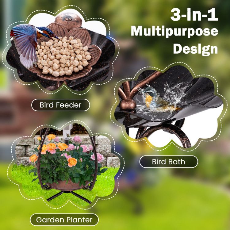Garden Bird Bath & Feeder Combo with Solar Light Planter Features