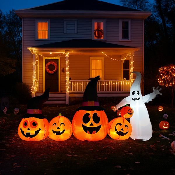 8FT Lighted Halloween Inflatable Pumpkins and Ghost Decoration at Night