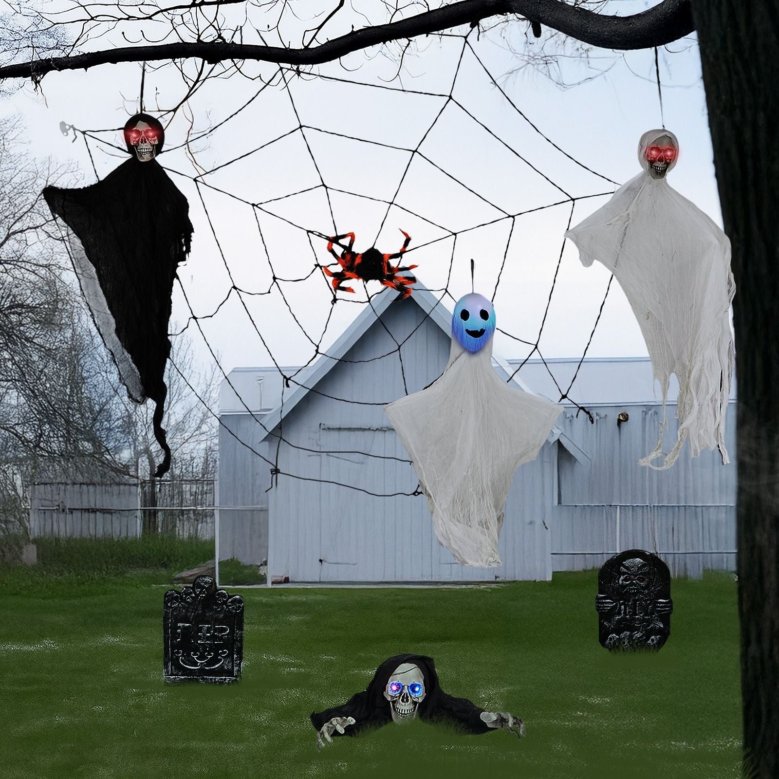 Halloween Decoration Set with Ghosts, Skeletons, Gravestones and Web Garden Scene