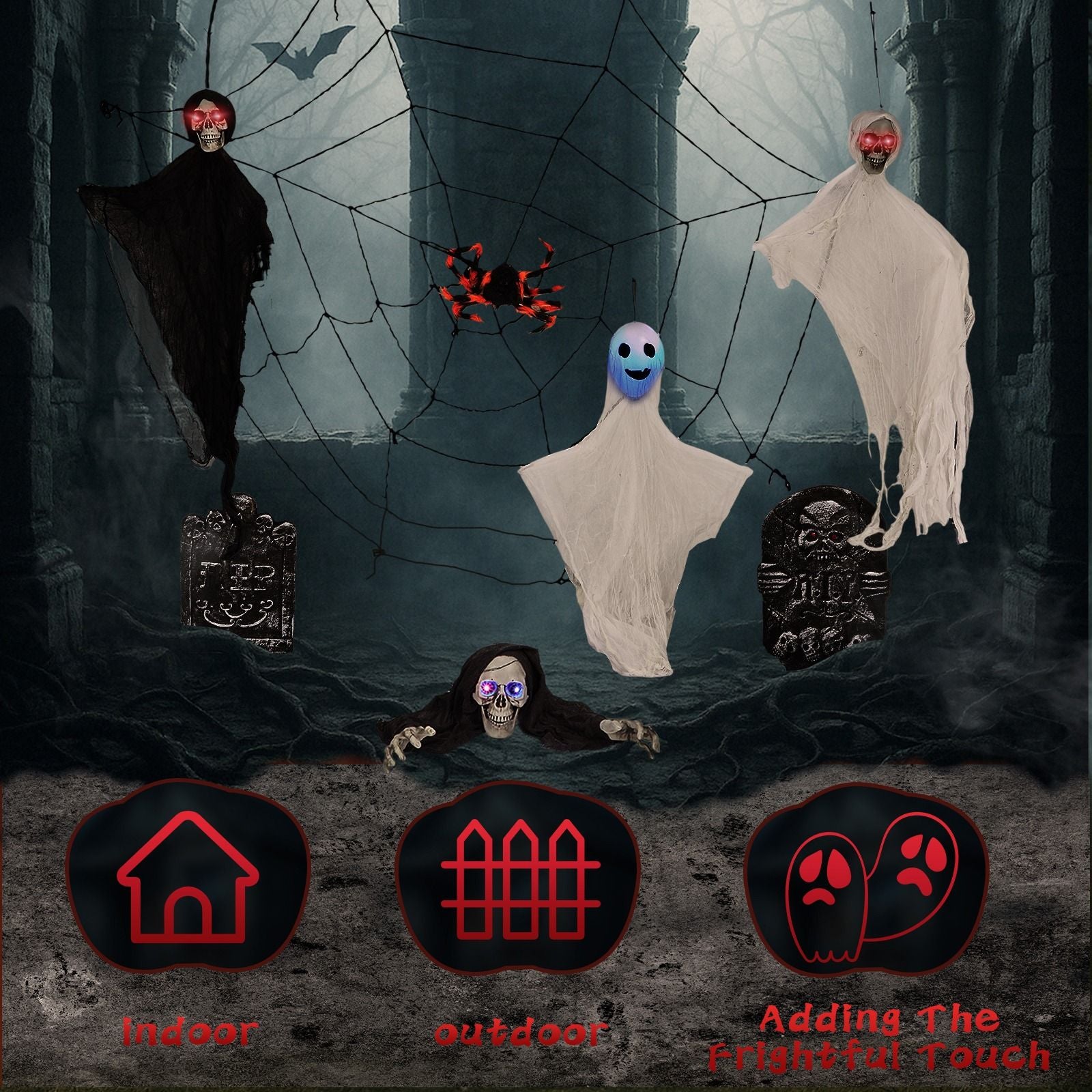Halloween Decoration Set with Ghosts, Skeletons, Gravestones and Web