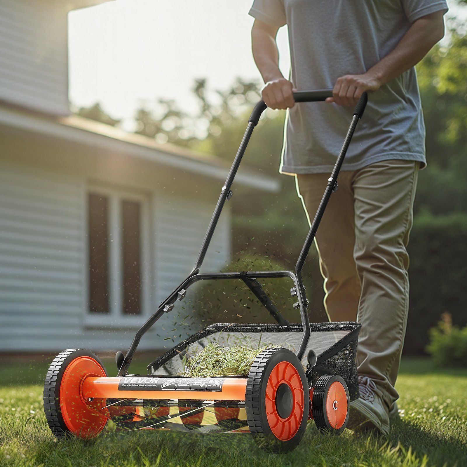 Eco-Friendly Push Lawn Mower Adjustable Height 18-Inch Reel Cutting Grass