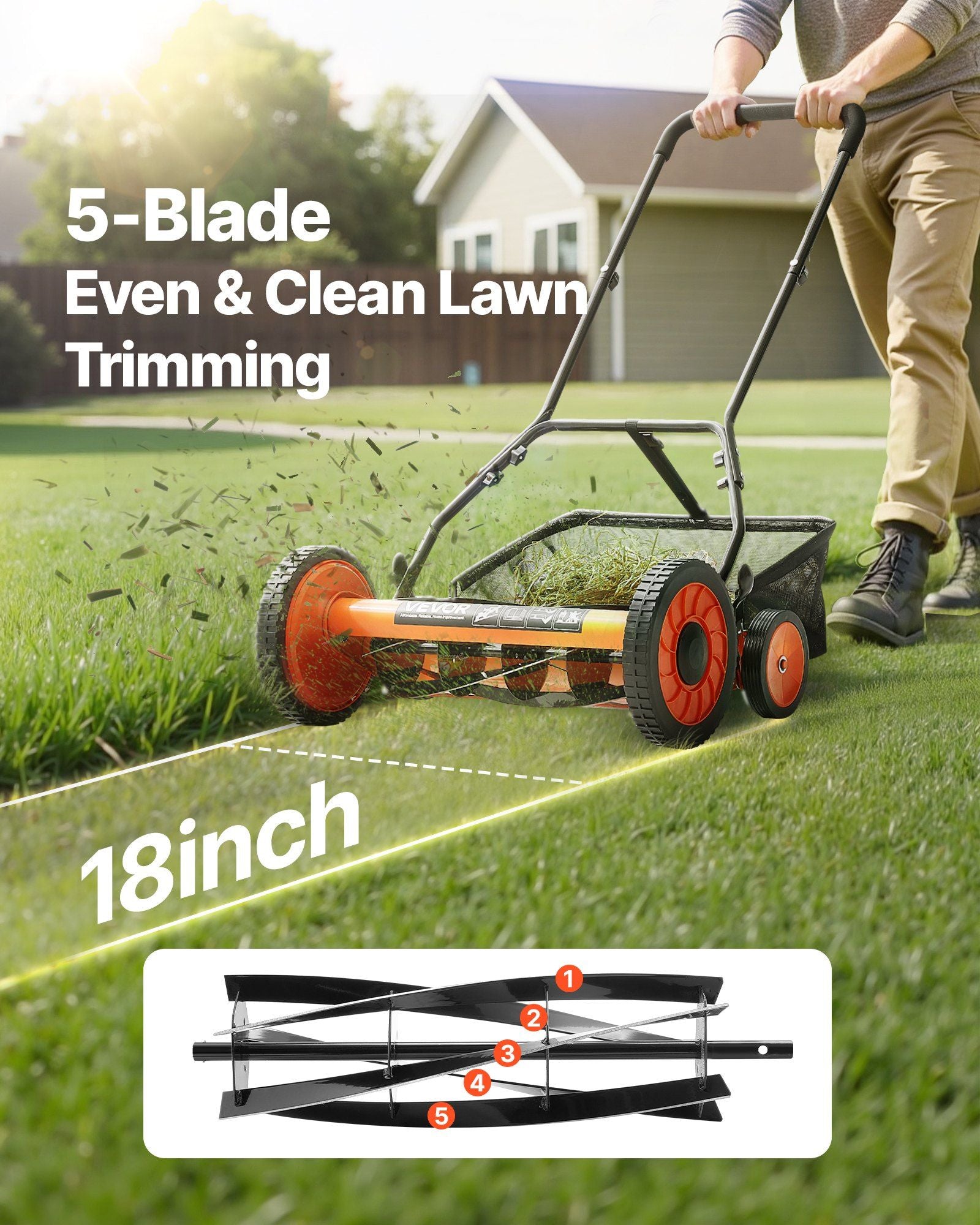 Eco-Friendly Push Lawn Mower Adjustable Height 18-Inch Reel Showing Cut Width & Blade