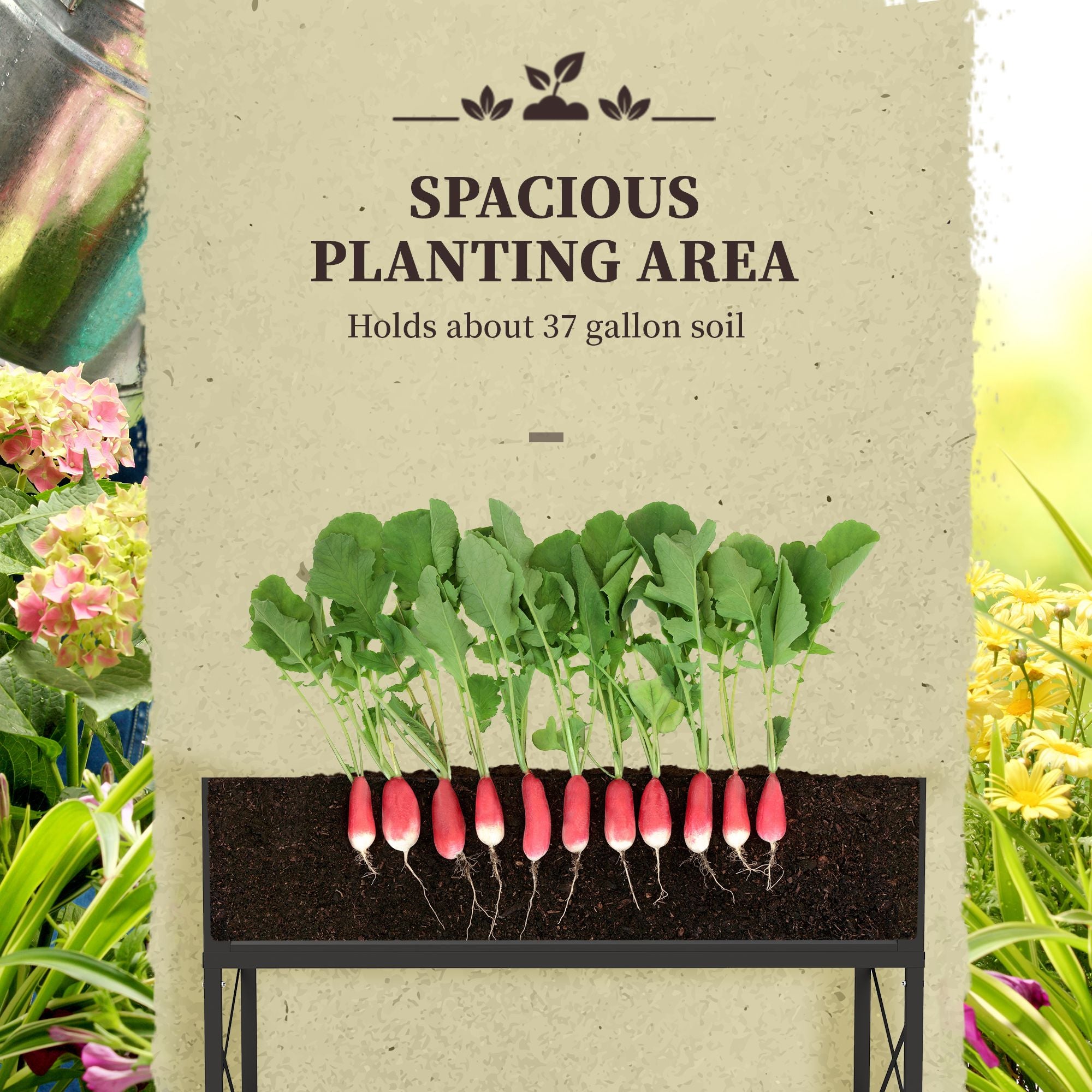 Black Galvanized Raised Garden Bed Showing Root Vegetables