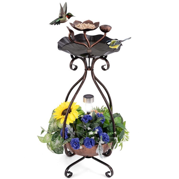 Garden Bird Bath & Feeder Combo with Solar Light Planter With Birdseed, Water & Flowers