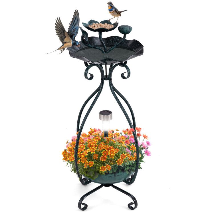 Garden Bird Bath & Feeder Combo with Solar Light Planter
