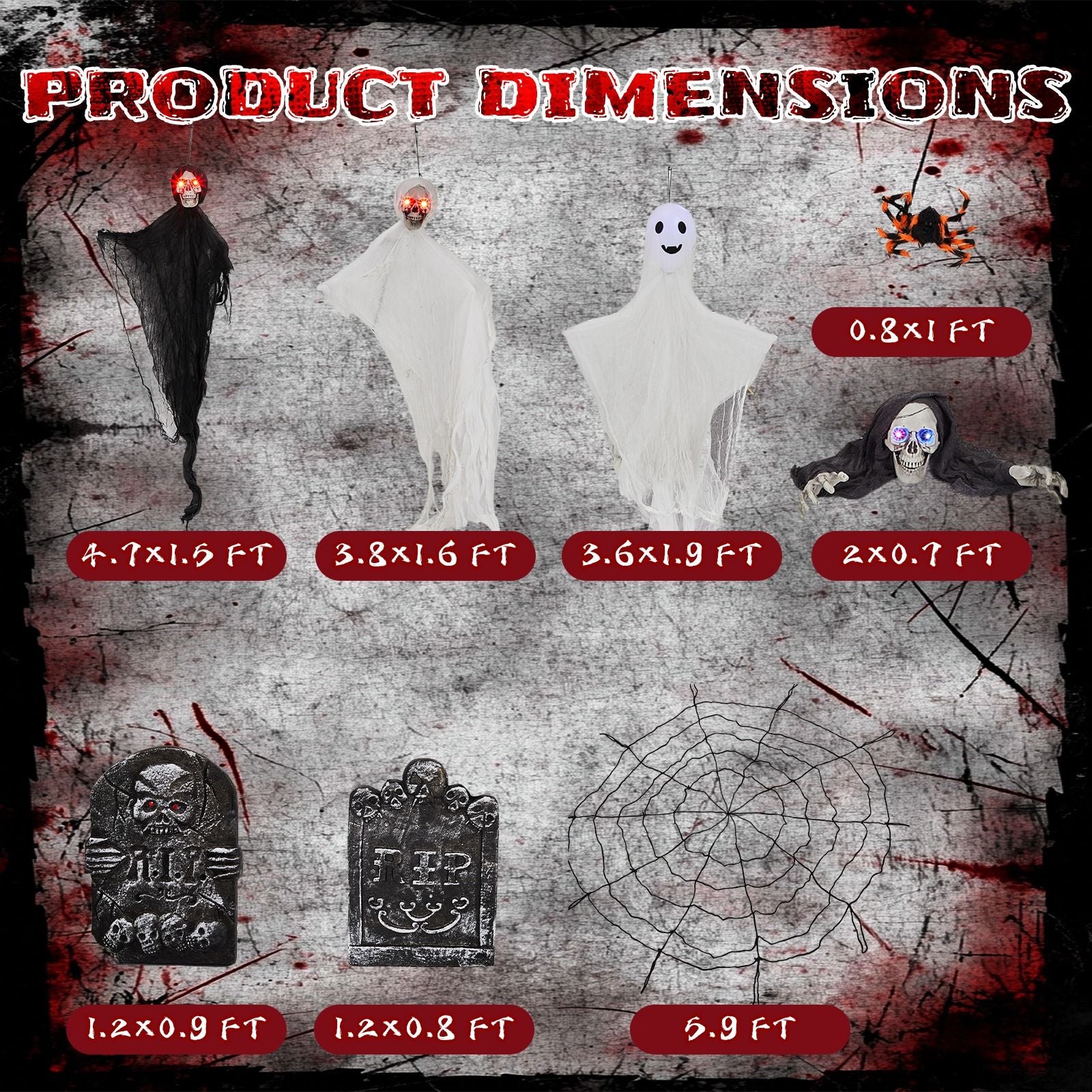 Halloween Decoration Set with Ghosts, Skeletons, Gravestones and Web Dimensions