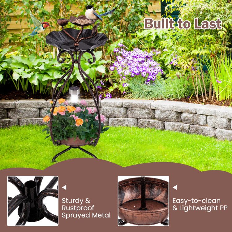 Garden Bird Bath & Feeder Combo with Solar Light Planter Benfits