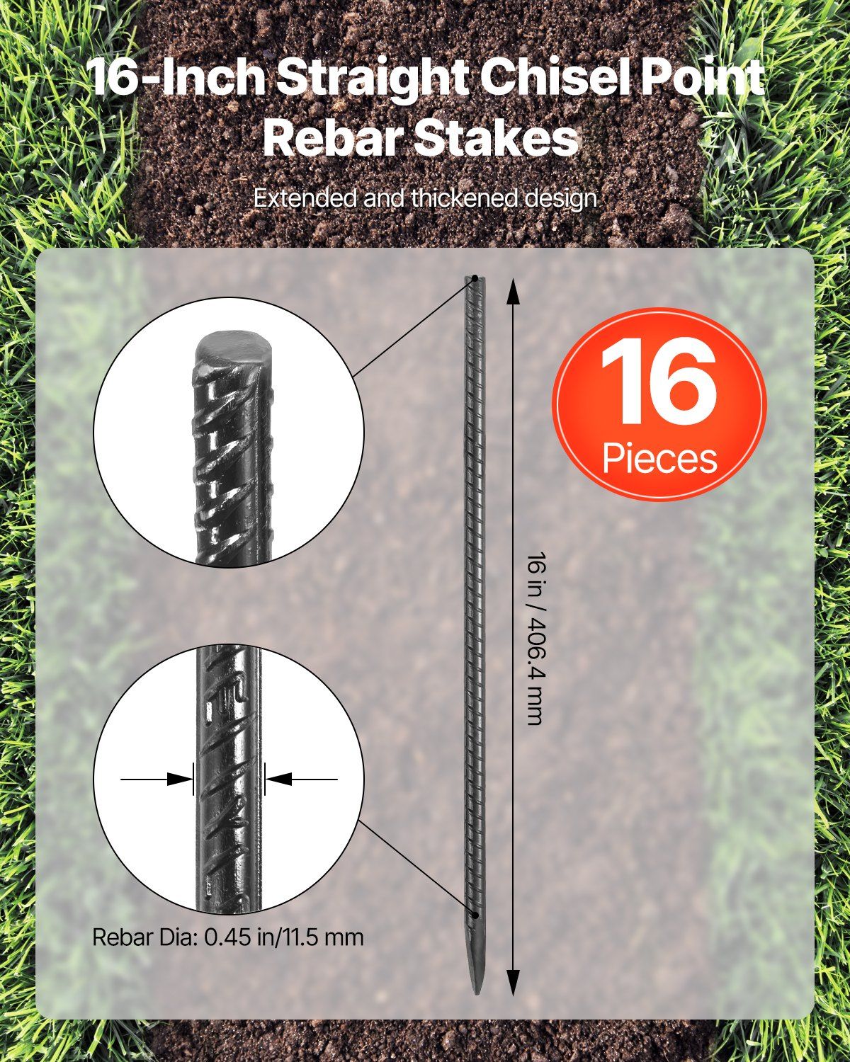 16" Steel Rebar Stakes Dimensions