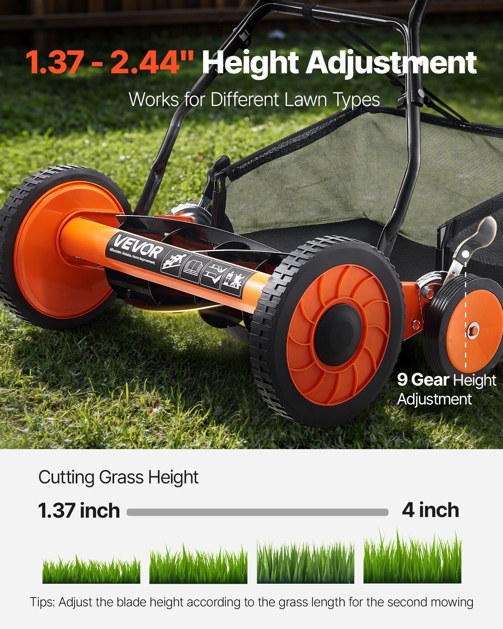 Eco-Friendly Push Lawn Mower Adjustable Height 18-Inch Reel Height Adjustment