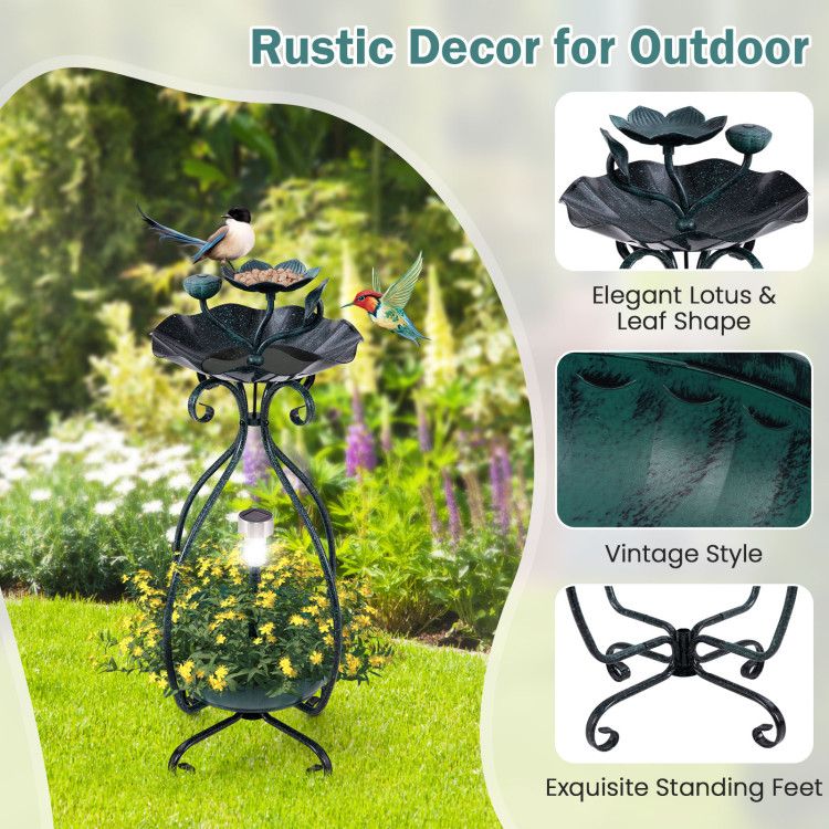 Garden Bird Bath & Feeder Combo with Solar Light Planter Style