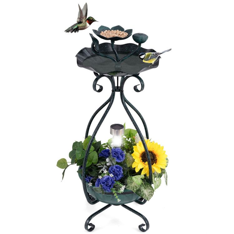 Garden Bird Bath & Feeder Combo with Solar Light Planter in Bronze(green)