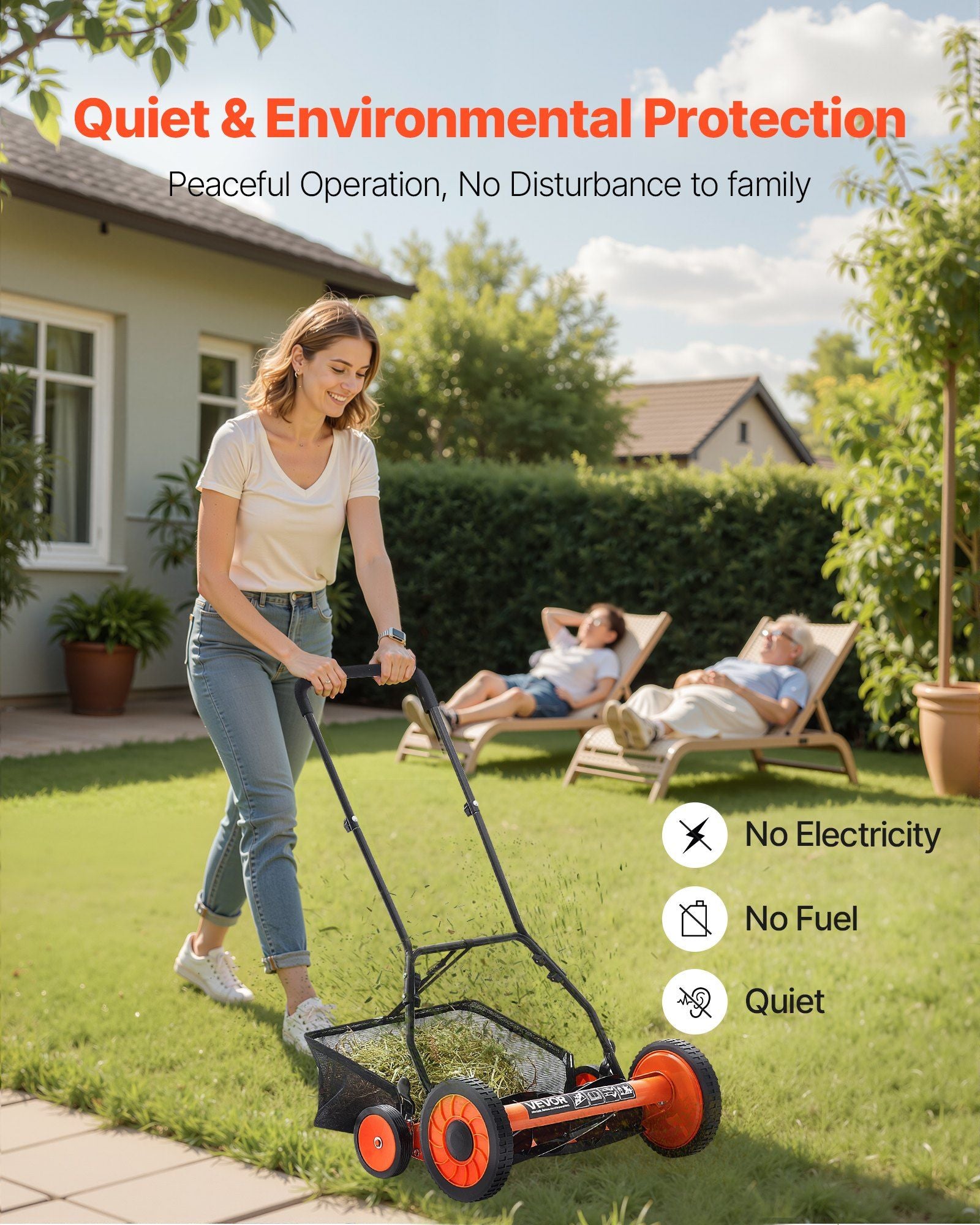 Eco-Friendly Push Lawn Mower Adjustable Height 18-Inch Reel Eco Friendly & Quiet