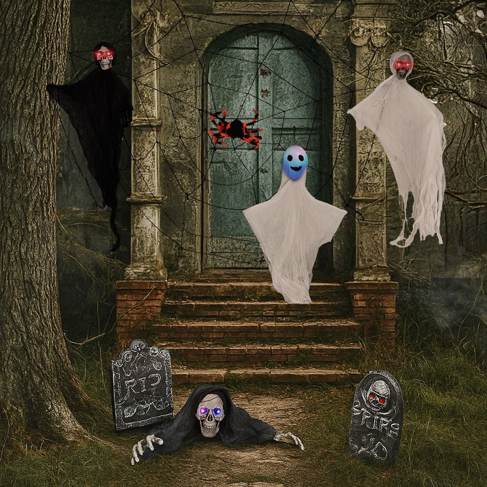Halloween Decoration Set with Ghosts, Skeletons, Gravestones and Web Ideas