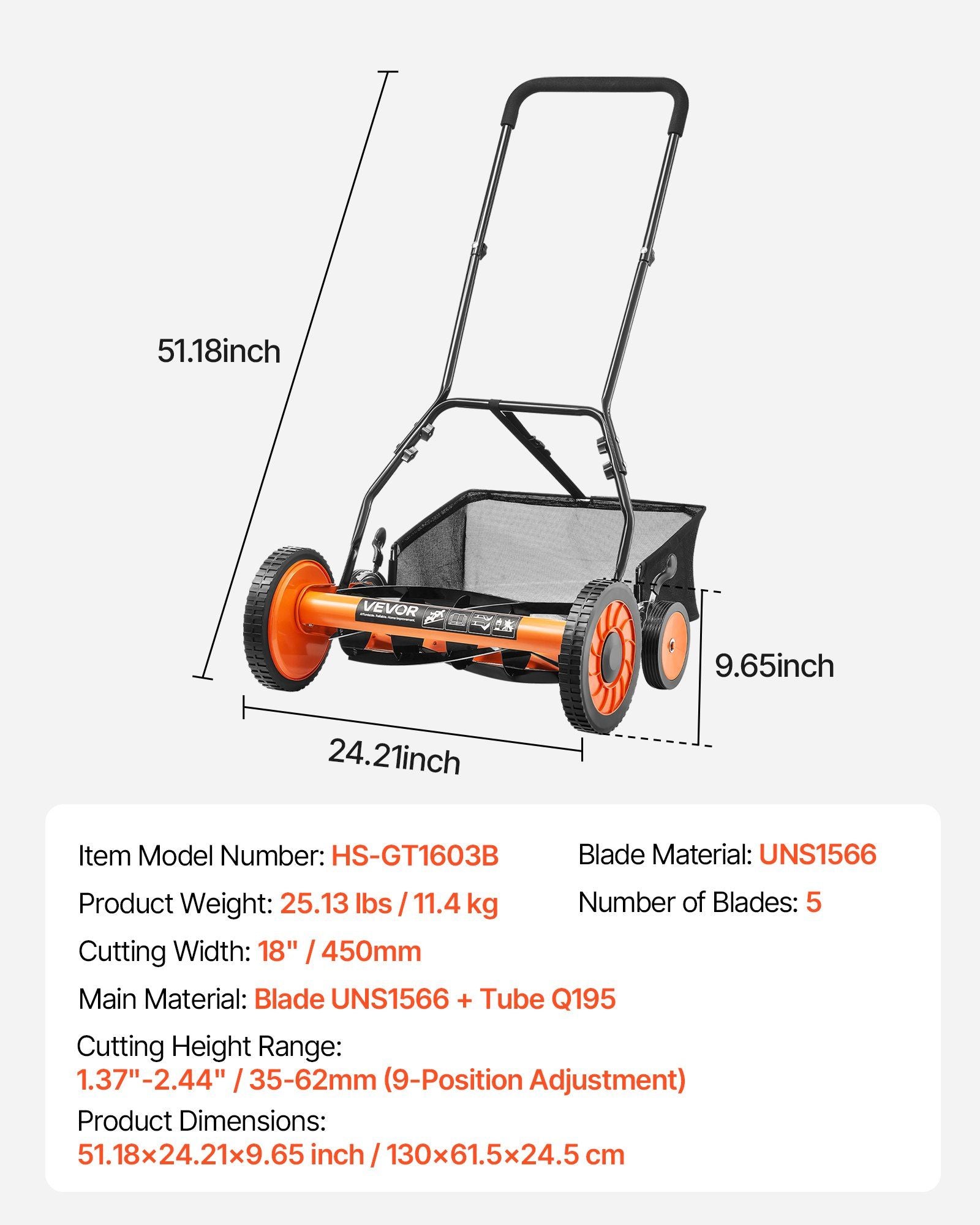 Eco-Friendly Push Lawn Mower Adjustable Height 18-Inch Reel Details & Dimensions