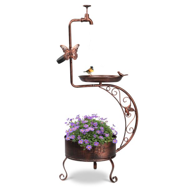 Vintage Bronze Bird Bath with Solar Light and Planter & Purple Flowers