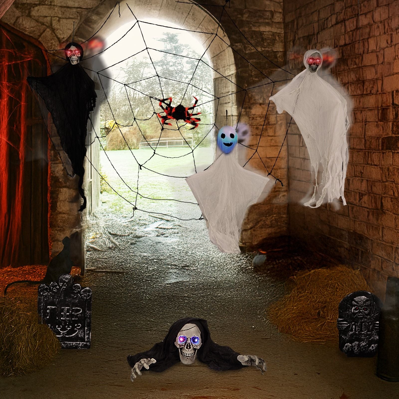 Halloween Decoration Set with Ghosts, Skeletons, Gravestones and Web More Settings