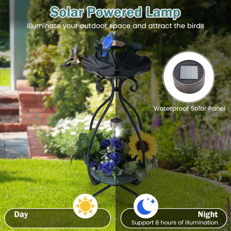 Garden Bird Bath & Feeder Combo with Solar Light Planter Solar Info