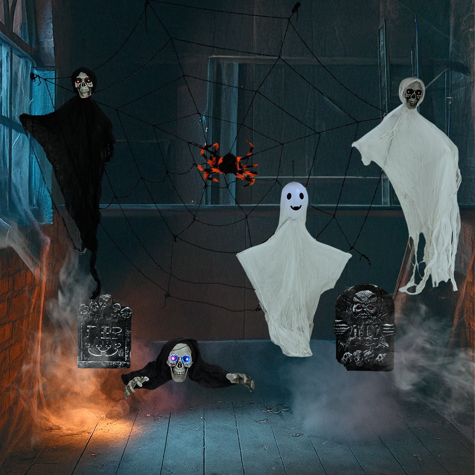Halloween Decoration Set with Ghosts, Skeletons, Gravestones and Web