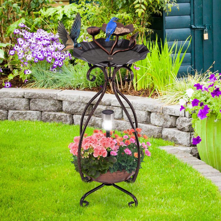 Garden Bird Bath & Feeder Combo with Solar Light Planter In Garden