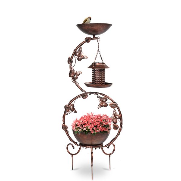 Solar Powered Bird Feeder, Bath and Decorative Planter Stand With Pink Flowers