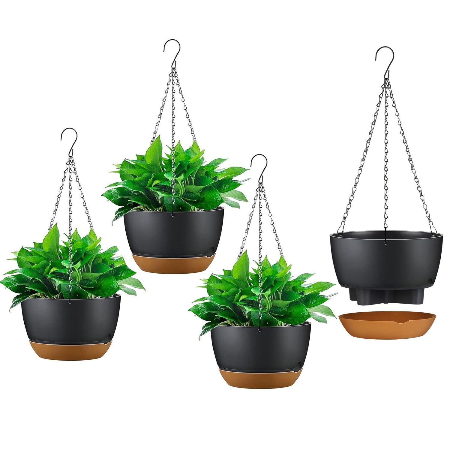 Hanging Plant Pots with Drainage and Tray 3 with Plants In And One Highlighting Removable Tray