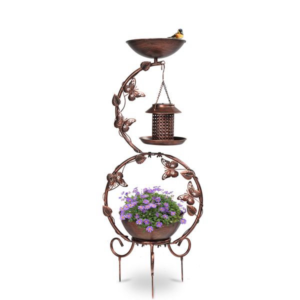 Solar Powered Bird Feeder, Bath and Decorative Planter Stand With Purple Flowers