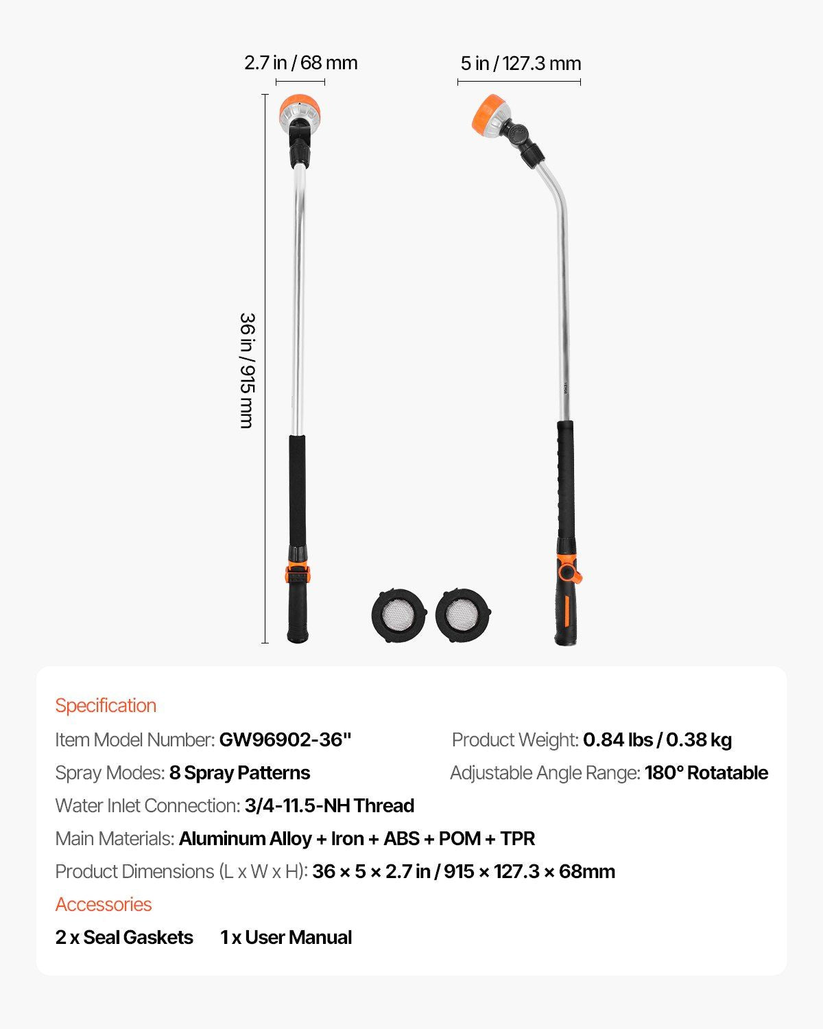 Long Reach 36" Hose Wand Dimensions & Specifications