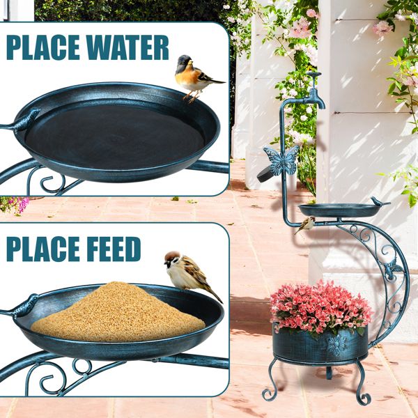 Vintage Metal Bird Bath with Solar Light and Planter Features