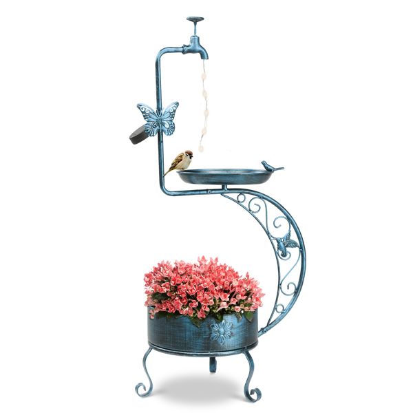 Vintage Metal Bird Bath with Solar Light and Planter With Pink Flowers