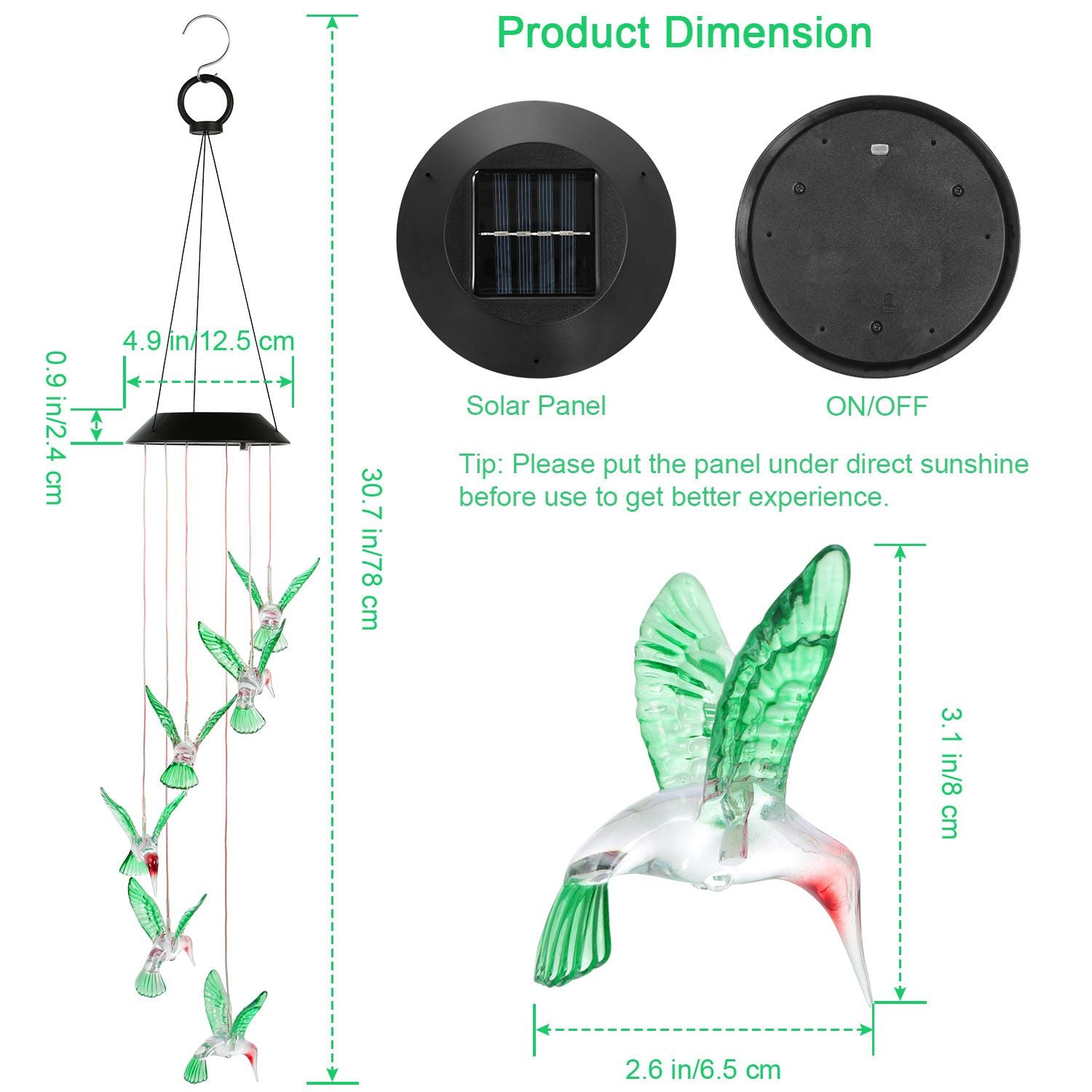 Solar Hummingbird Wind Chime Lights Dimensions