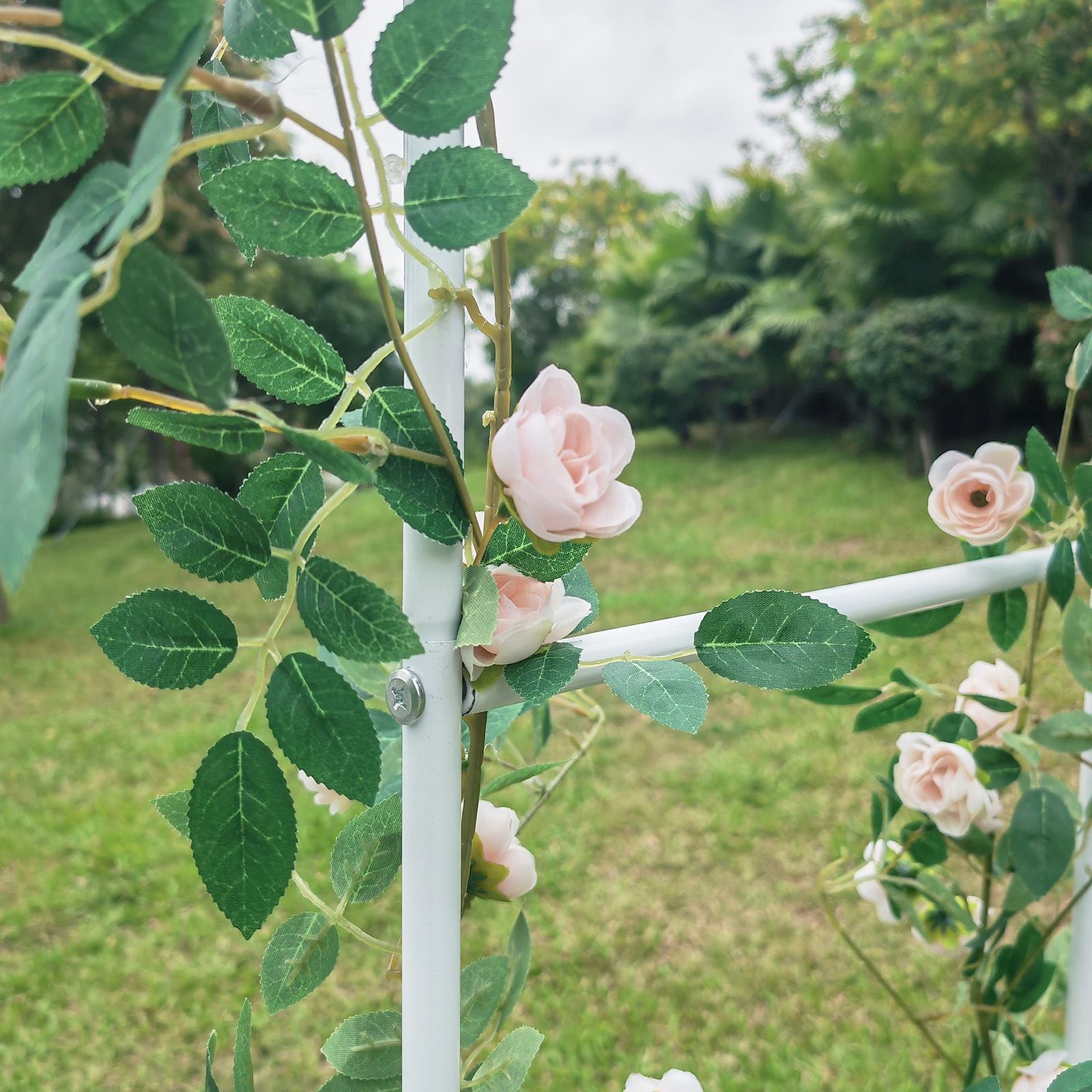 White Adjustable Garden Arch Trellis with Flowers On