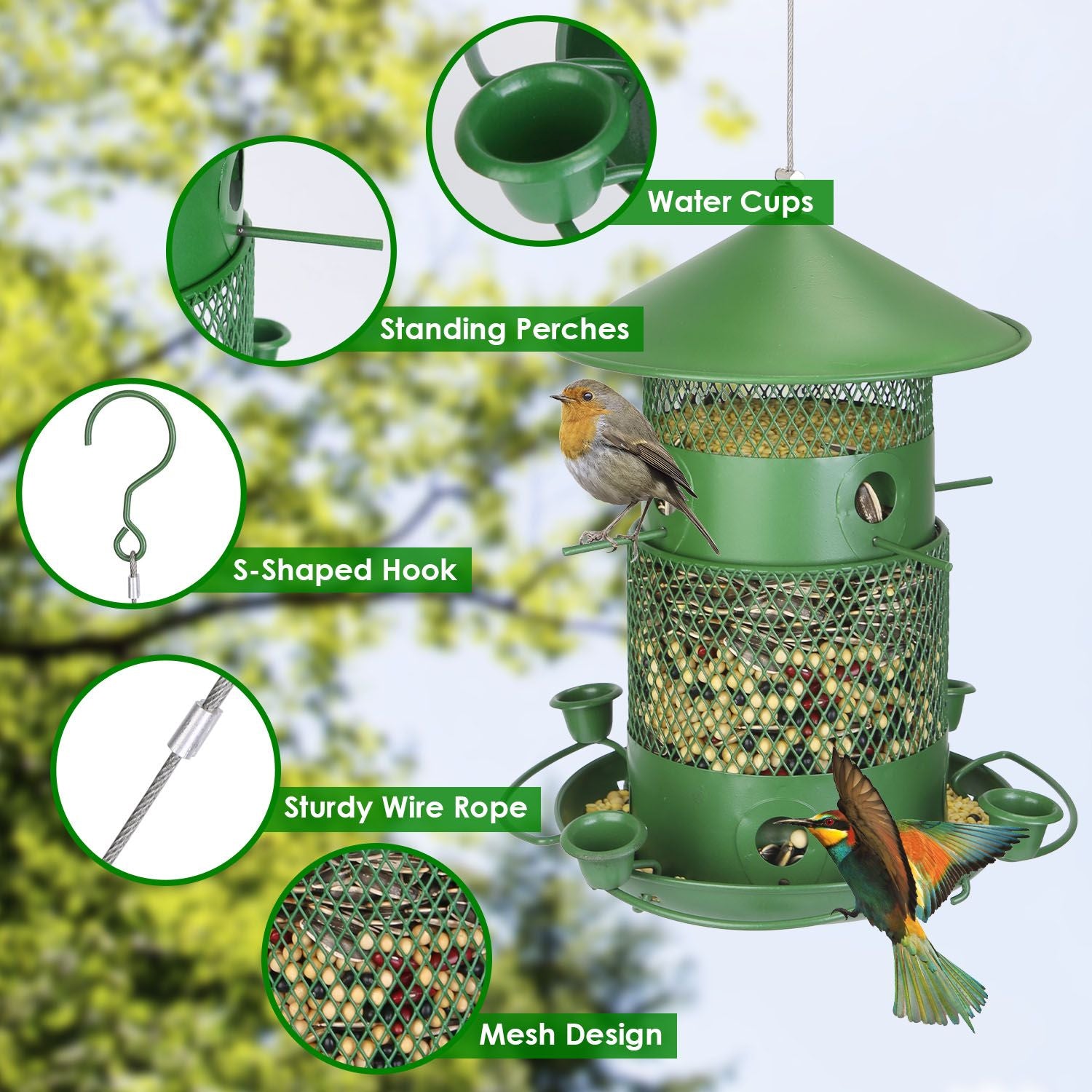 Wild Bird Seed Feeder with Water Cups and Perches Features