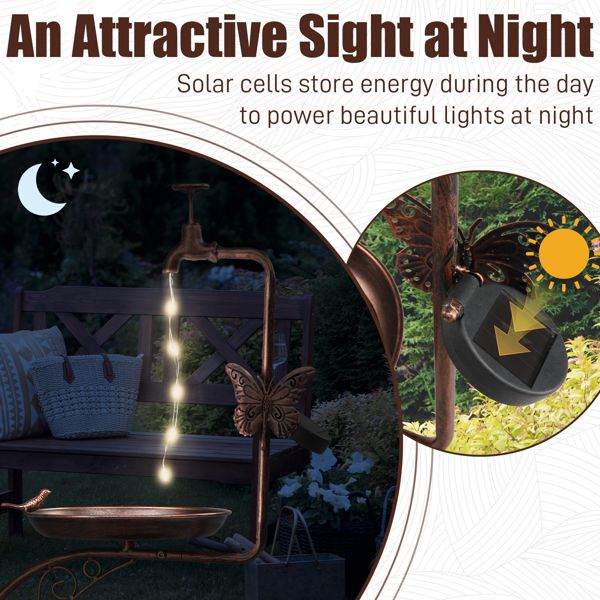 Vintage Bronze Bird Bath with Solar Light and Planter Solar Info