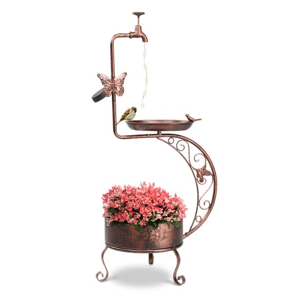 Vintage Bronze Bird Bath with Solar Light and Planter & Pink Flowers