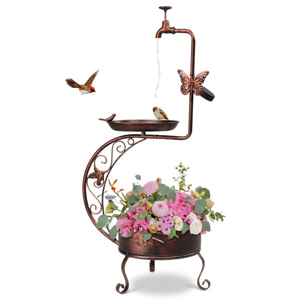 Vintage Bronze Bird Bath with Solar Light and Planter