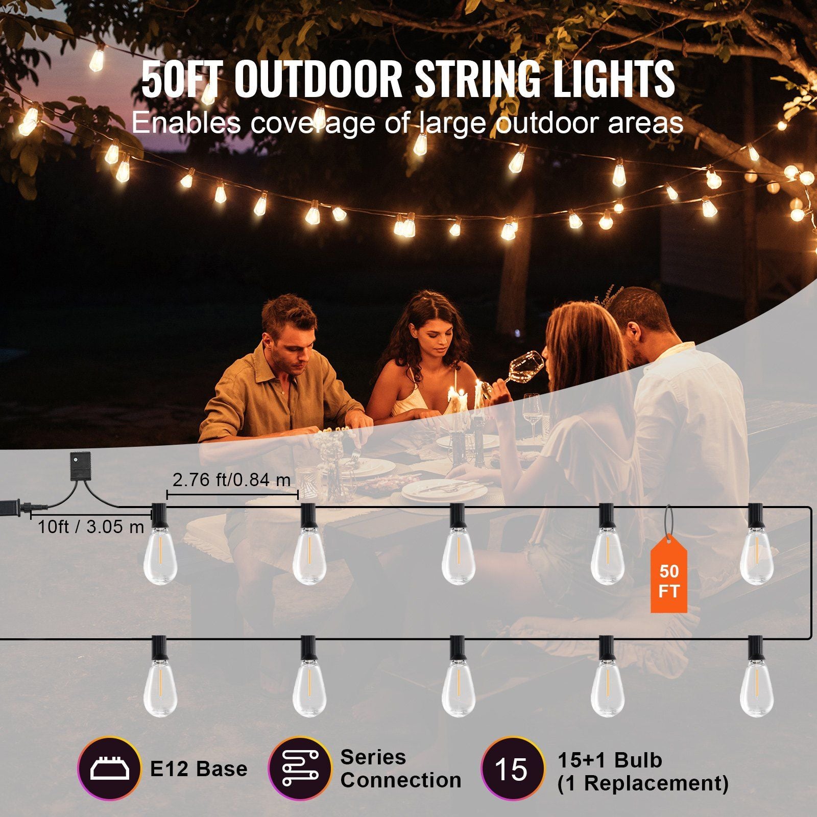 Outdoor LED String Lights 50FT With 15 Shatterproof Bulbs Dimensions