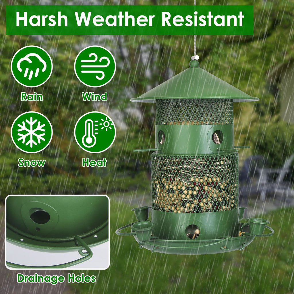 Wild Bird Seed Feeder with Water Cups and Perches Explaining Weather Resistance
