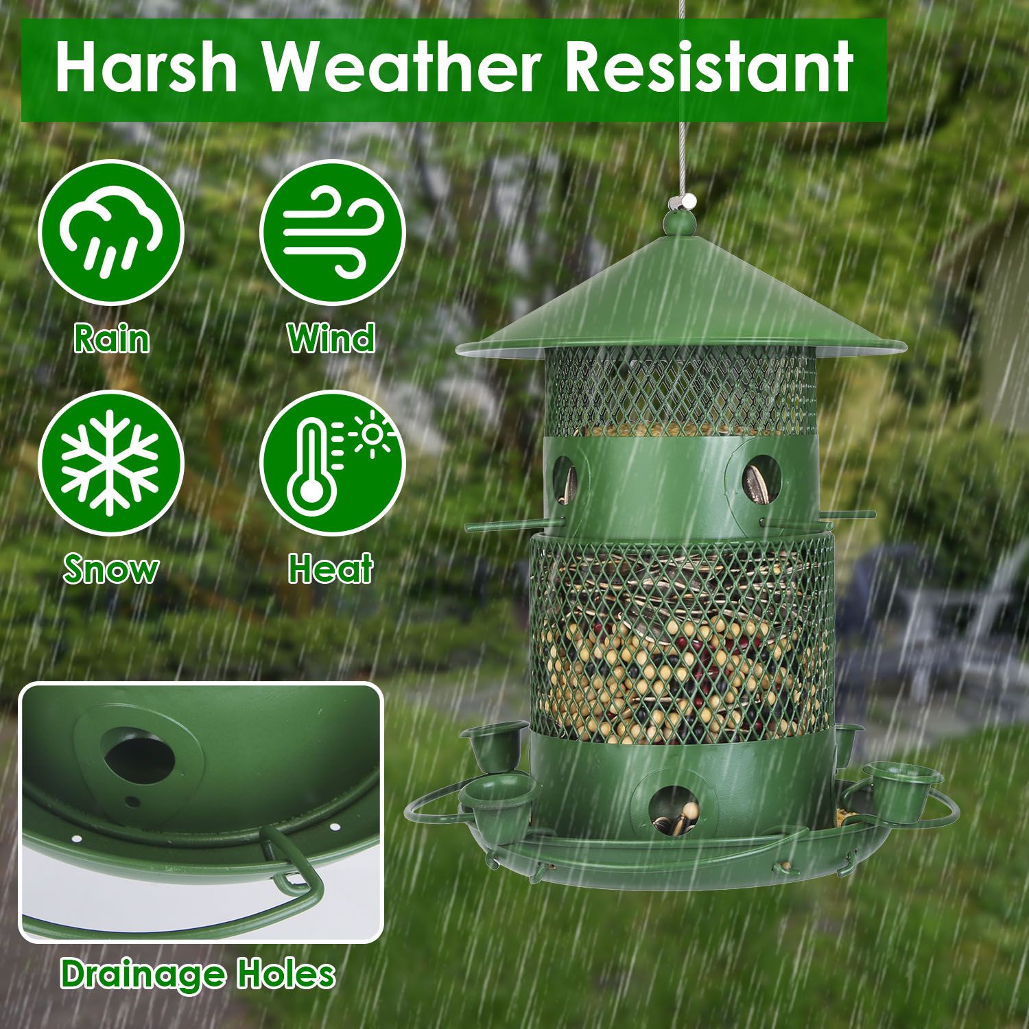 Wild Bird Seed Feeder with Water Cups and Perches Explaining Weather Resistance
