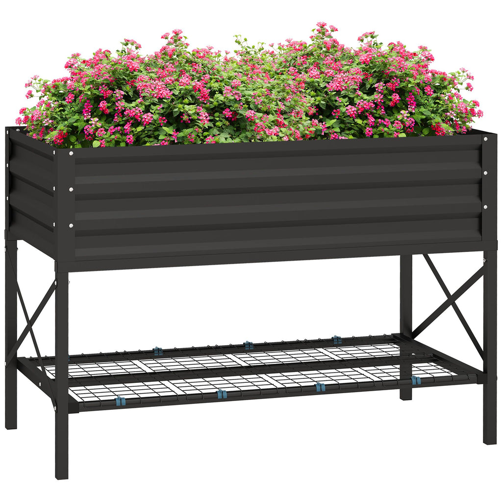 Black Galvanized Raised Garden Bed With Pink Flowers