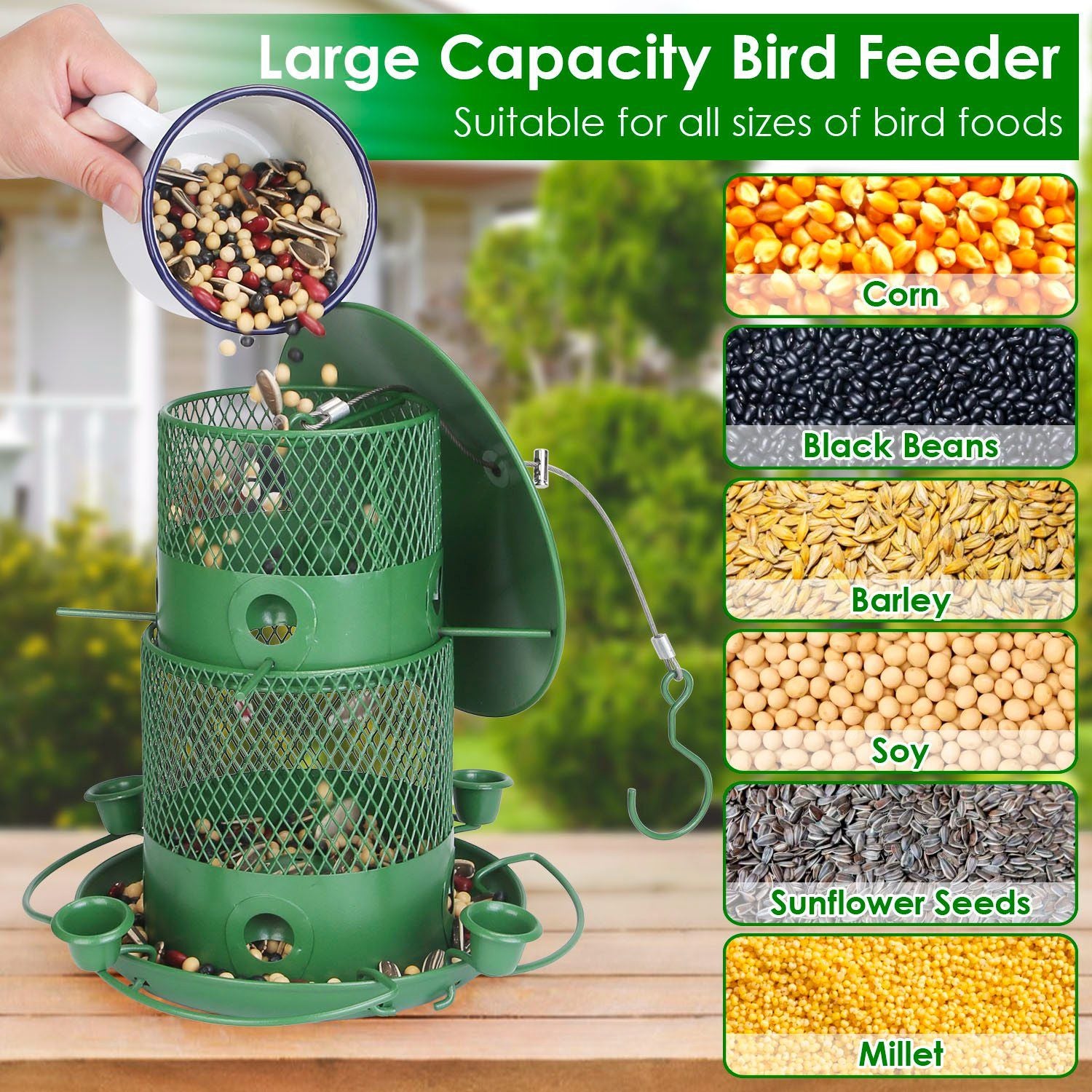 Wild Bird Seed Feeder with Water Cups and Perches Showing What Bird Feed Is Good In The Feeder