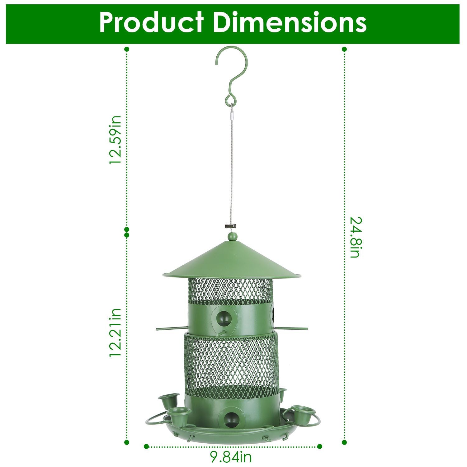 Wild Bird Seed Feeder with Water Cups and Perches Dimensions